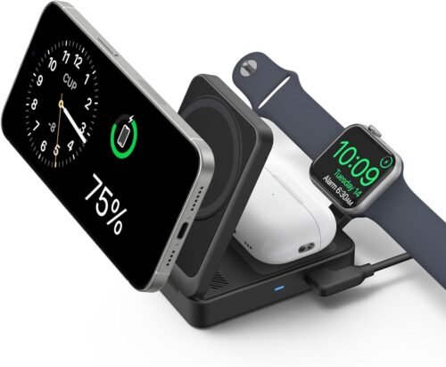 Anker MagGo 3-in-1 iPhone 16 Charging Station, MagSafe-Compatible Wireless Charger Stand, Qi2 Certified 15W Foldable Charger for iPhone 15/14, AirPods, Apple Watch 9 (40W USB-C Charger Included)