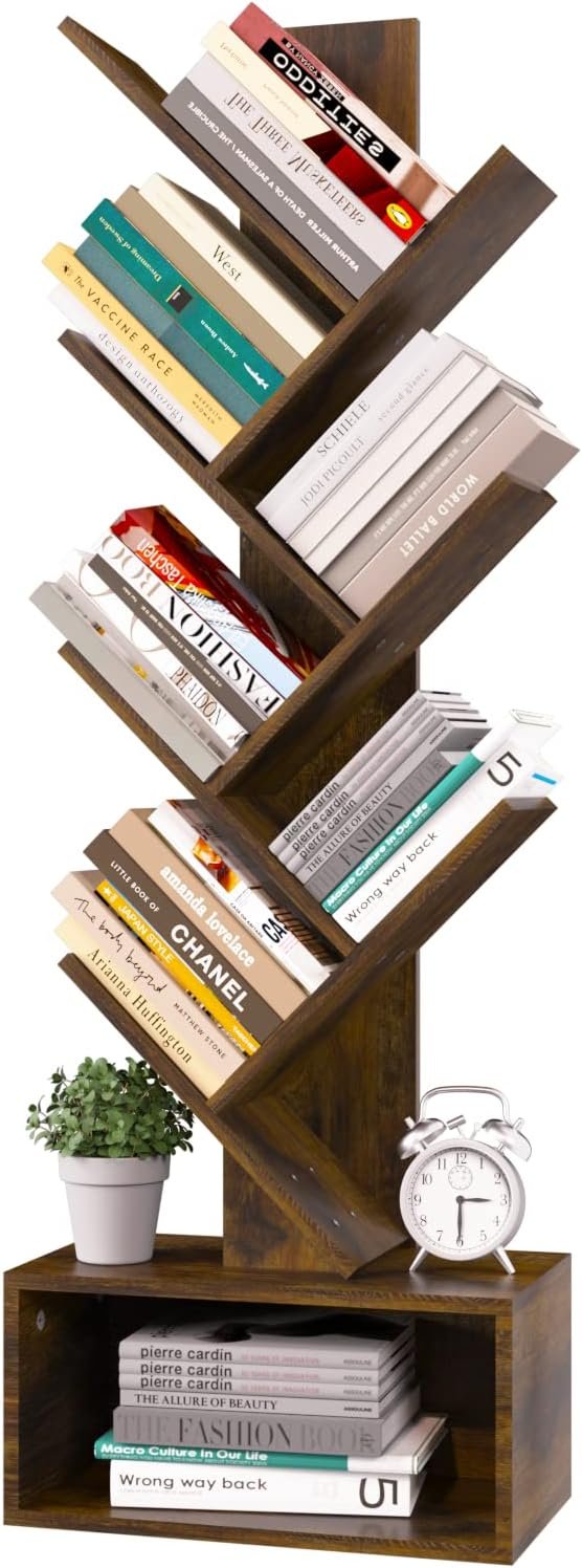 Yoobure Tree Bookshelf - 6 Shelf Retro Floor Standing Bookcase, Tall Wood Book Storage Rack for CDs/Movies/Books, Utility Organizer Shelves Bedroom, Living Room, Home Office, Rustic Brown - Image 2