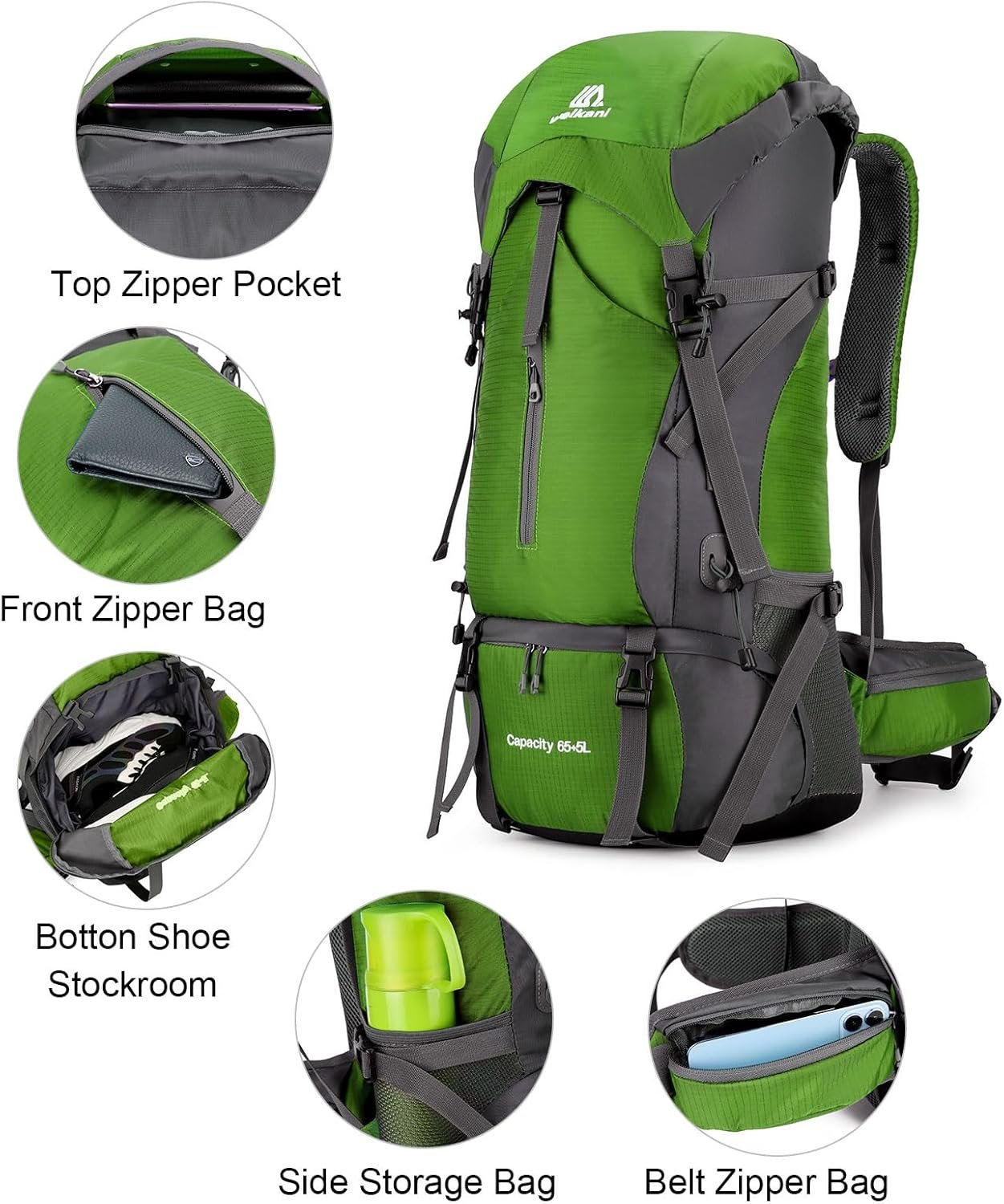 ShowyLive 70L Large Lightweight Waterproof Packable Foldable Travel Camping Hiking Outdoor Sports Backpack Daypack for Men Women, 900D Hiking Bag with Rain Cover, Grass Green - Image 4