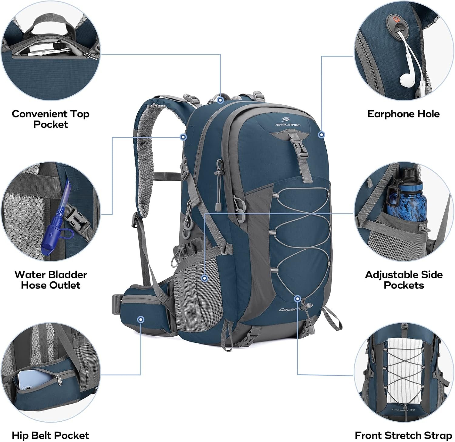 Maelstrom Hiking Backpack,Camping Backpack,40L Waterproof Hiking Daypack with Rain Cover,Lightweight Travel Backpack,Blue - Image 4