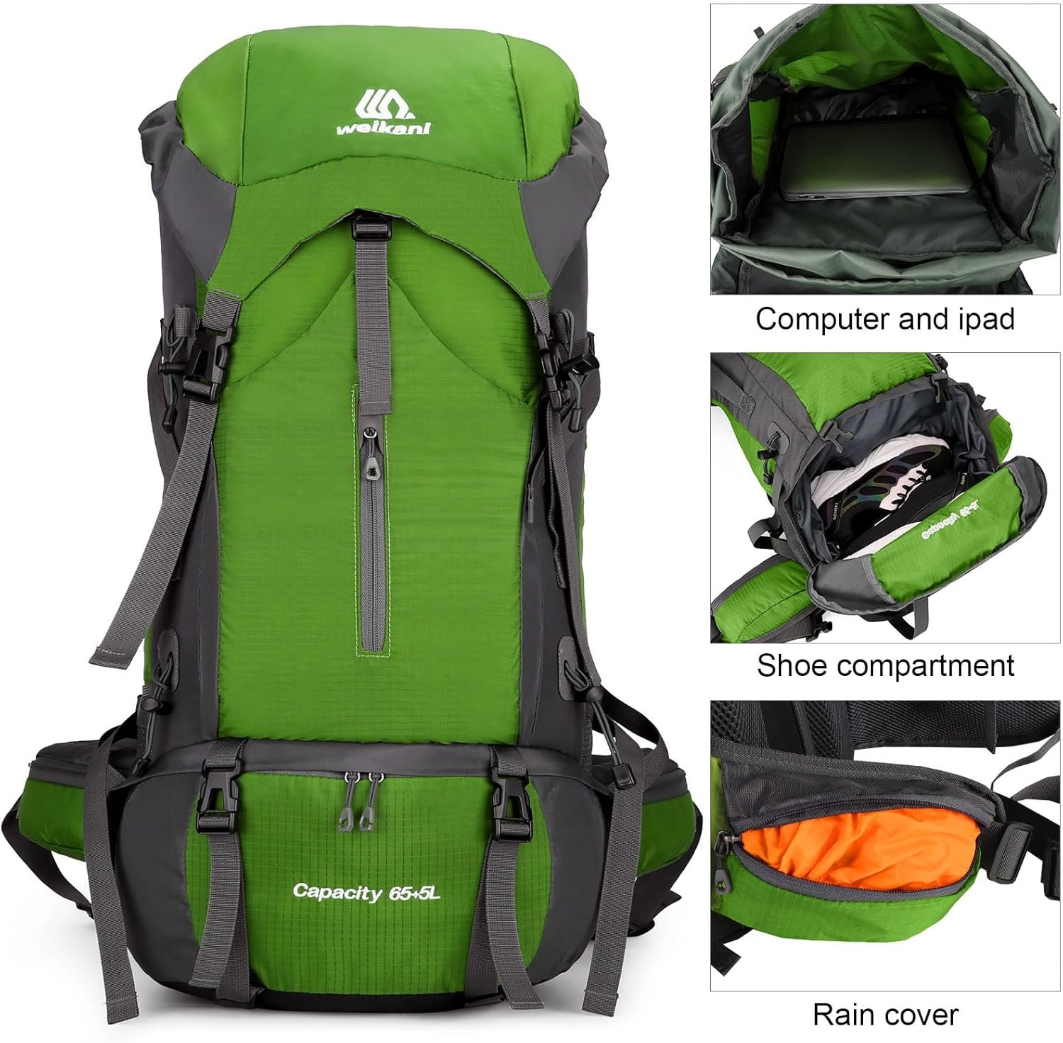 ShowyLive 70L Large Lightweight Waterproof Packable Foldable Travel Camping Hiking Outdoor Sports Backpack Daypack for Men Women, 900D Hiking Bag with Rain Cover, Grass Green - Image 3