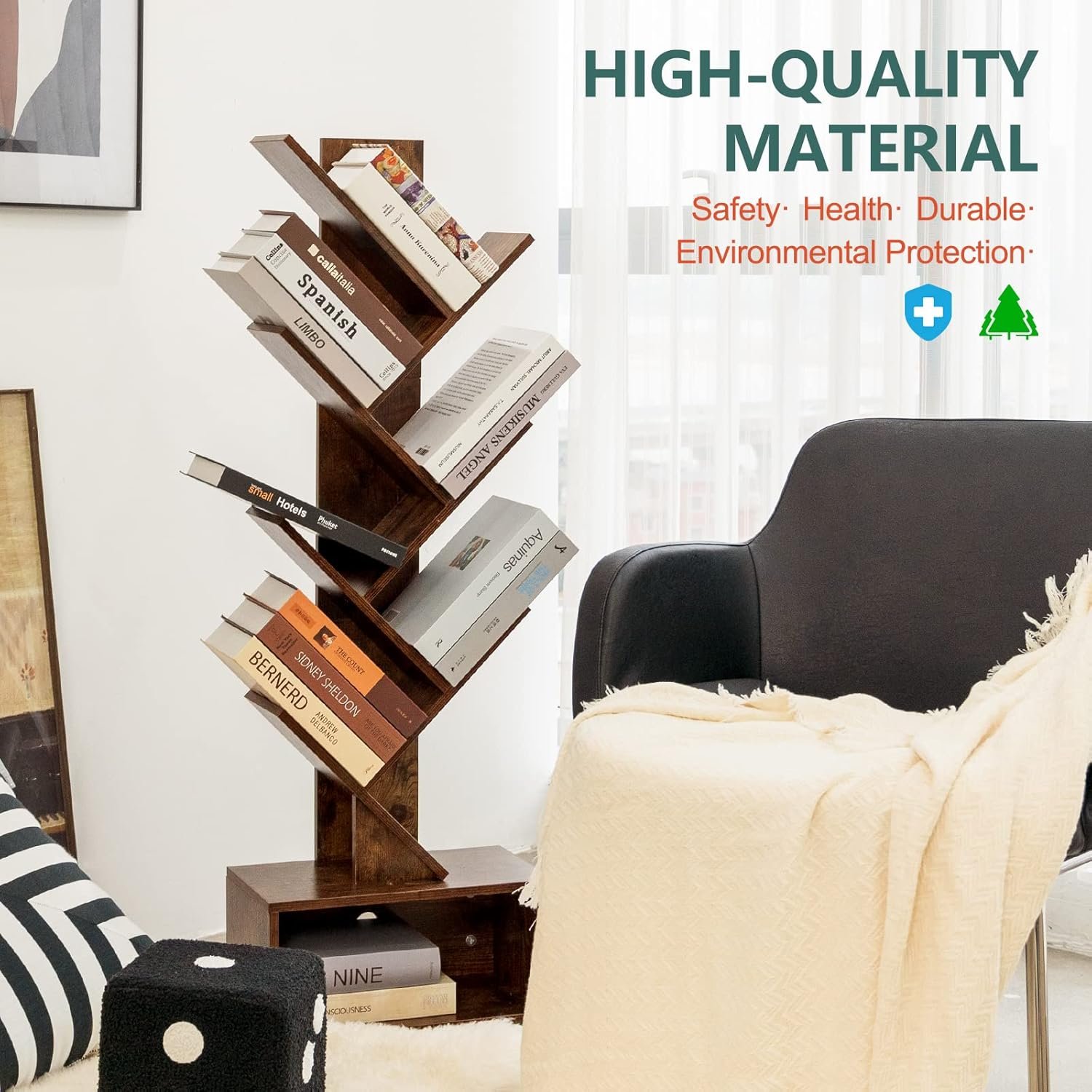 Yoobure Tree Bookshelf - 6 Shelf Retro Floor Standing Bookcase, Tall Wood Book Storage Rack for CDs/Movies/Books, Utility Organizer Shelves Bedroom, Living Room, Home Office, Rustic Brown - Image 9