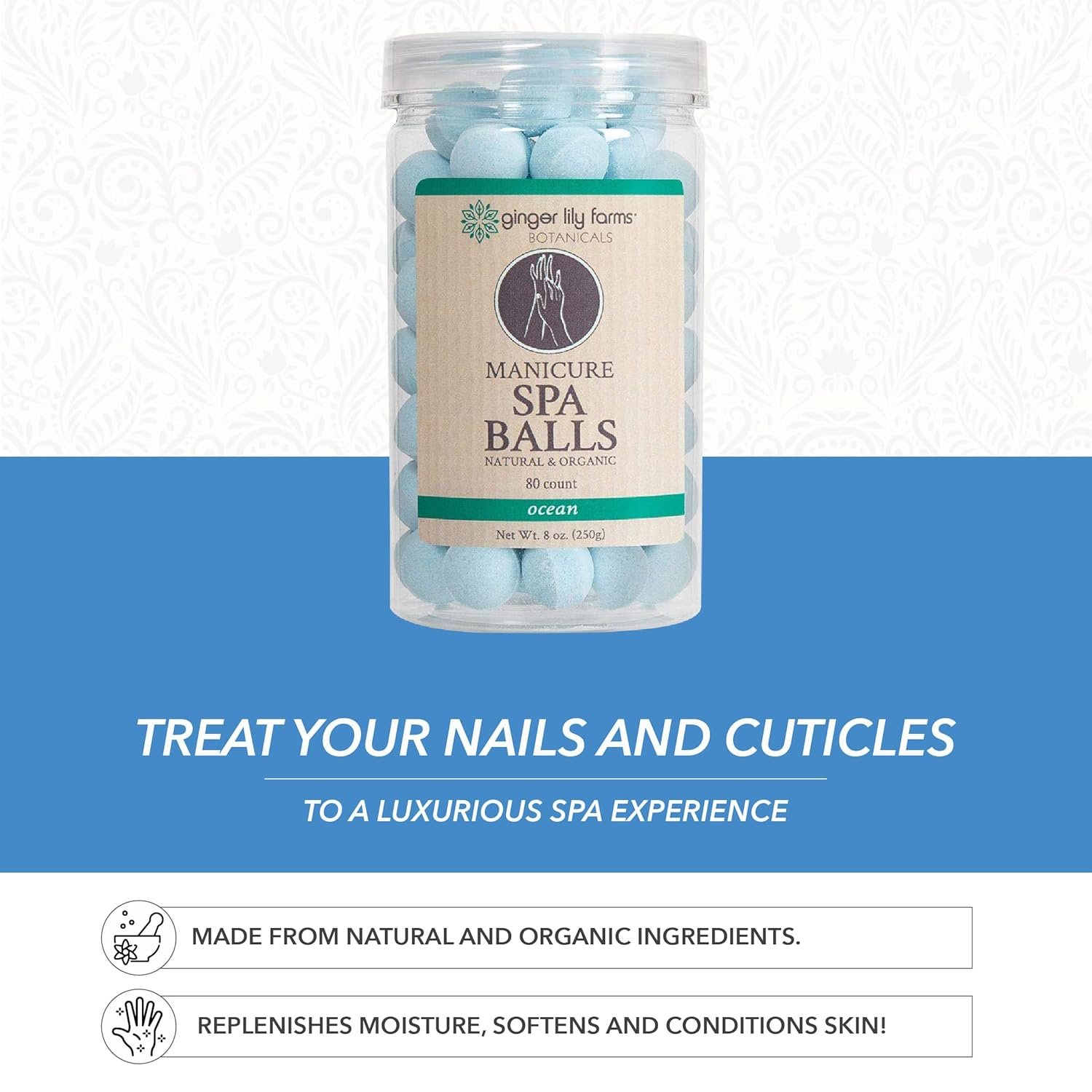 Ginger Lily Farms Botanicals Manicure Spa Balls Ocean, Manicure Soak Balls Replenishes Moisture, Softens and Conditions Skin, 8 Ounces, 80-Count - Image 4
