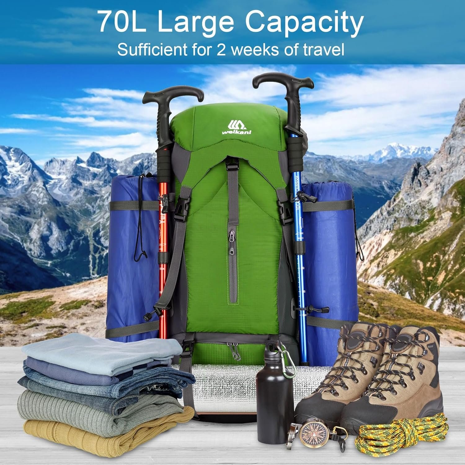 ShowyLive 70L Large Lightweight Waterproof Packable Foldable Travel Camping Hiking Outdoor Sports Backpack Daypack for Men Women, 900D Hiking Bag with Rain Cover, Grass Green - Image 7