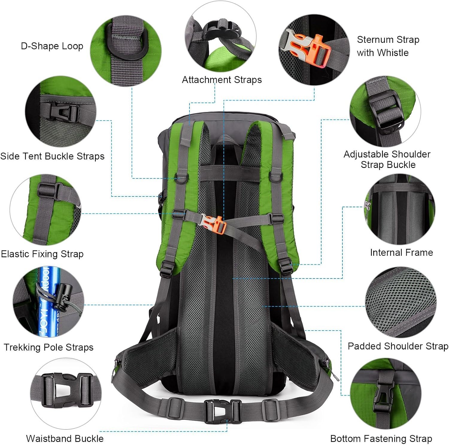 ShowyLive 70L Large Lightweight Waterproof Packable Foldable Travel Camping Hiking Outdoor Sports Backpack Daypack for Men Women, 900D Hiking Bag with Rain Cover, Grass Green - Image 6