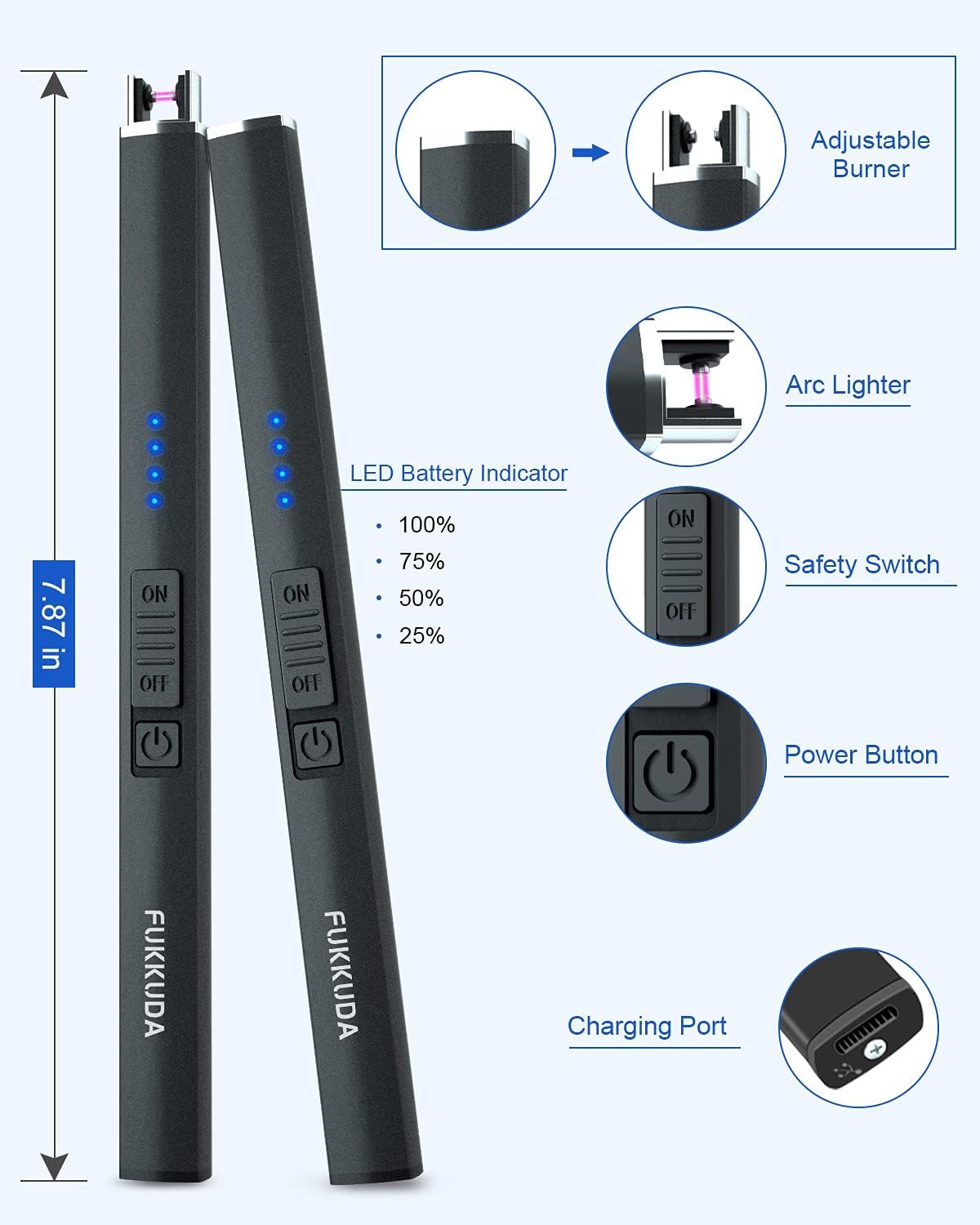 FUKKUDA Electric Candle Lighter with Safety Switch - USB Rechargeable Windproof & Flameless Plasma Arc Lighter for Easter Basket Stuffers (Obsidian Black) - Image 6