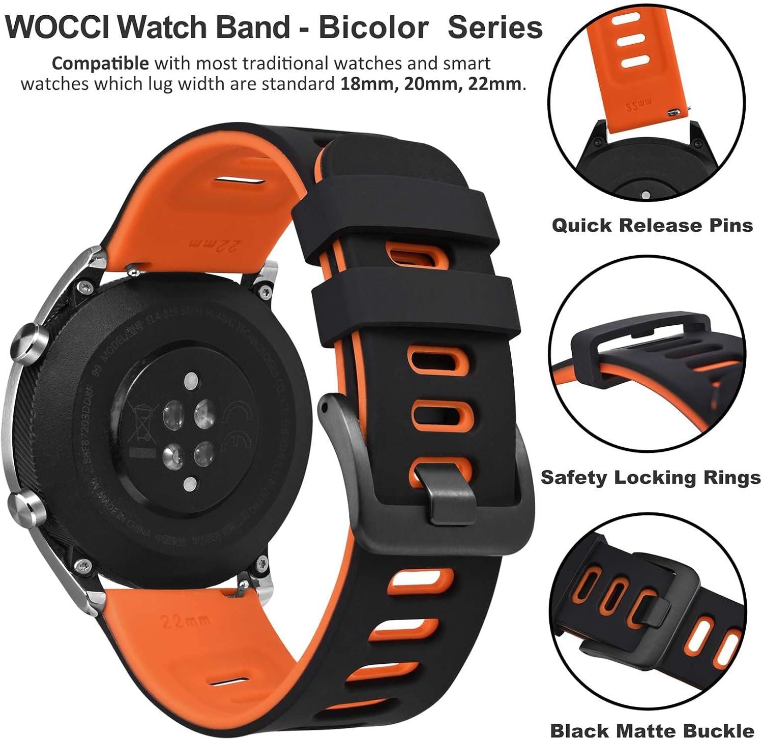 WOCCI 22mm Bicolor Watch Band, Silicone Rubber, Quick Release Replacement Strap for Men and Women, Black Stainless Steel Buckle (Black-Orange) - Image 5