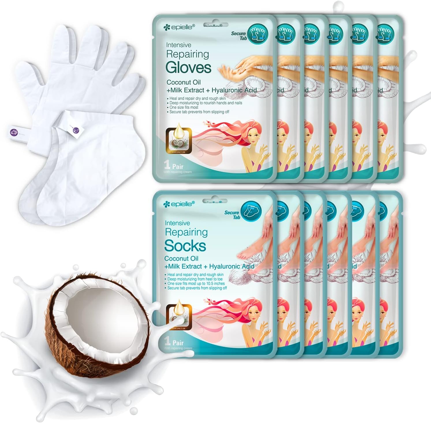 Epielle Intensive Repairing Hand & Foot Masks (6 Gloves & 6 Socks) for Dry Hands & Cracked Heels, Coconut Oil and Milk Extract, Mother's Day Gifts, Teacher's Appreciation - Image 2