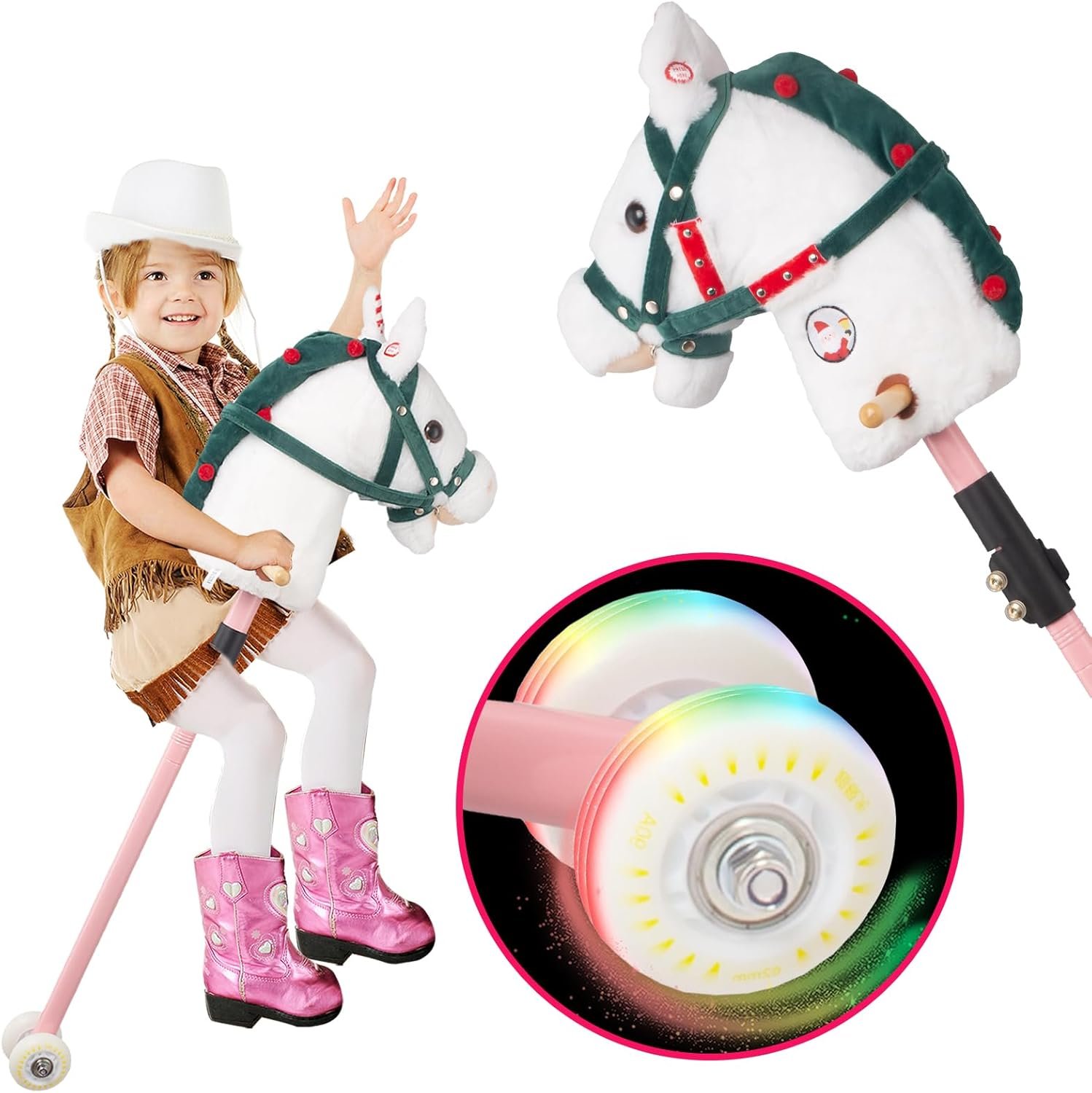 Stick Horse, Hobby Horse on a Stick for Children Ages 4-12 Adjustable 30-51" Length with Illuminated Silent Wheels Comfortable Sponge Wrapped complimentary Battery Realistic Horse neighs. - Image 2
