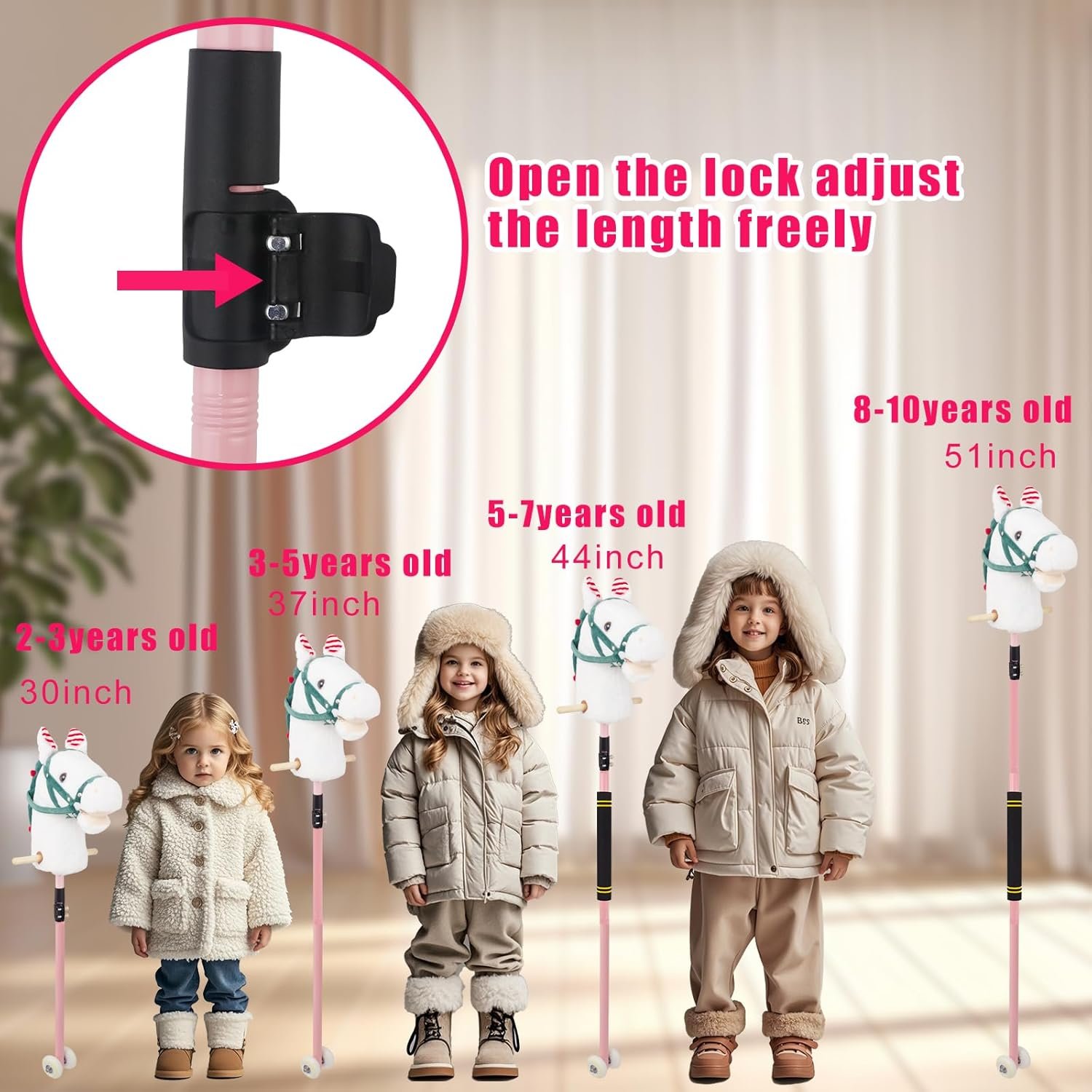 Stick Horse, Hobby Horse on a Stick for Children Ages 4-12 Adjustable 30-51" Length with Illuminated Silent Wheels Comfortable Sponge Wrapped complimentary Battery Realistic Horse neighs. - Image 3