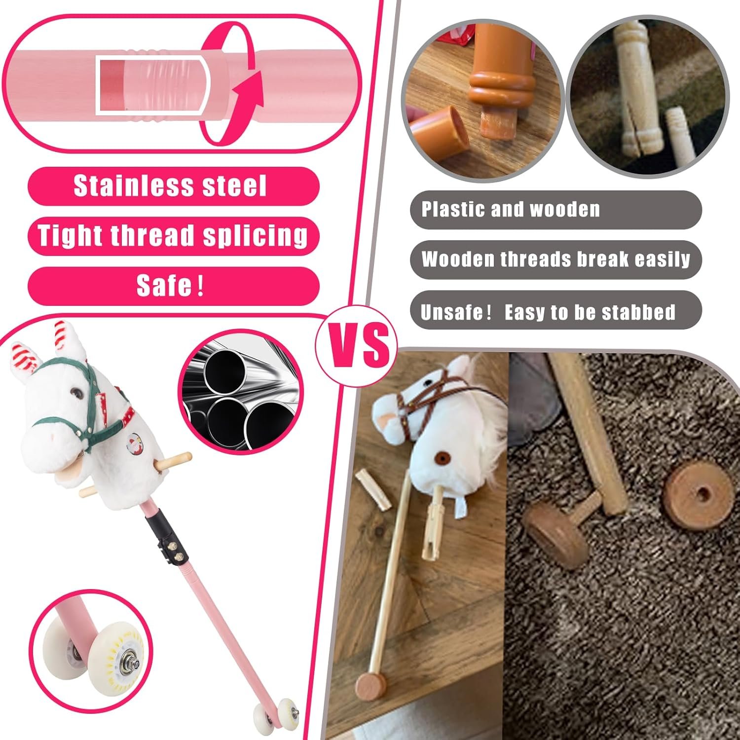 Stick Horse, Hobby Horse on a Stick for Children Ages 4-12 Adjustable 30-51" Length with Illuminated Silent Wheels Comfortable Sponge Wrapped complimentary Battery Realistic Horse neighs. - Image 8