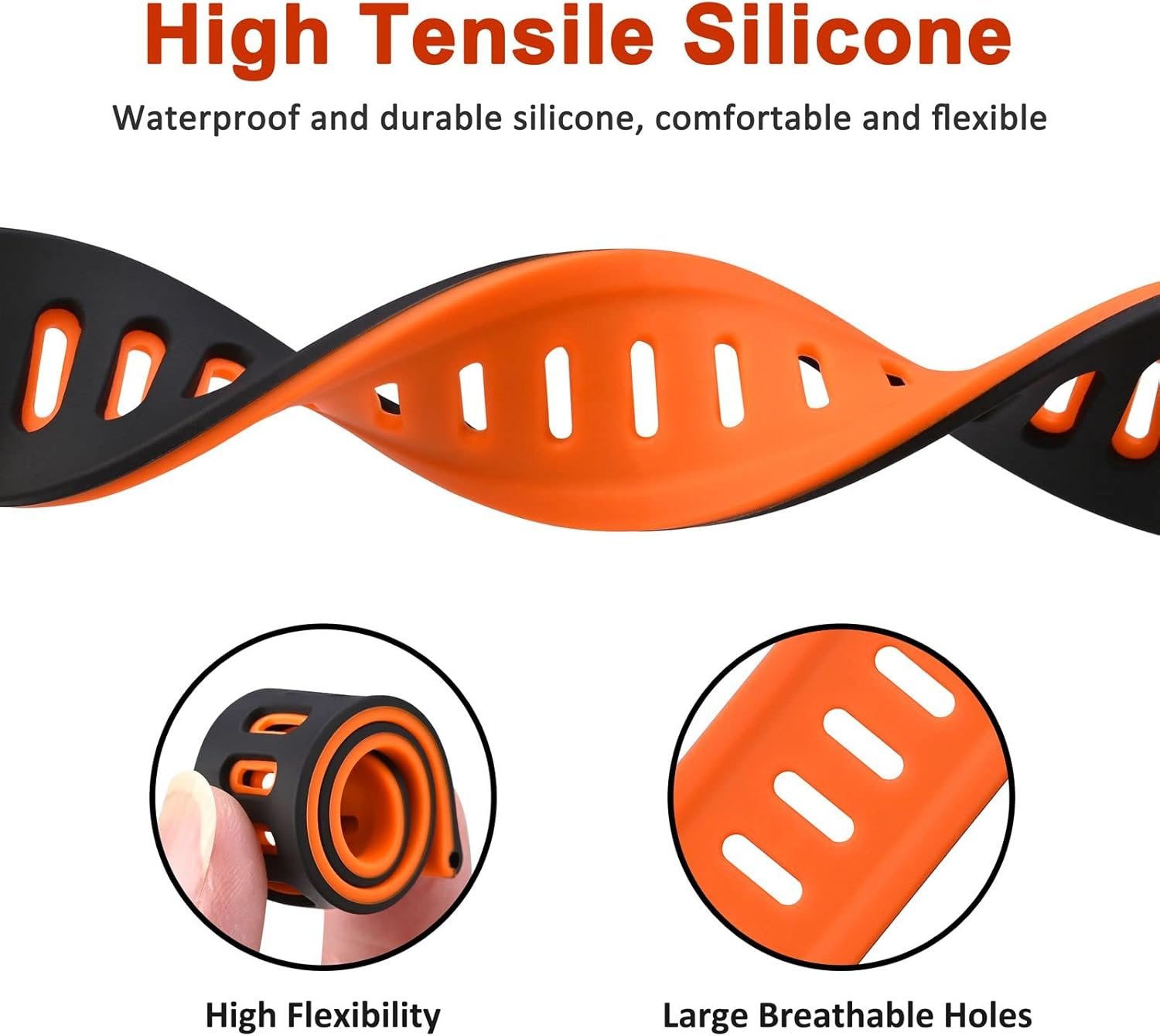 WOCCI 22mm Bicolor Watch Band, Silicone Rubber, Quick Release Replacement Strap for Men and Women, Black Stainless Steel Buckle (Black-Orange) - Image 9