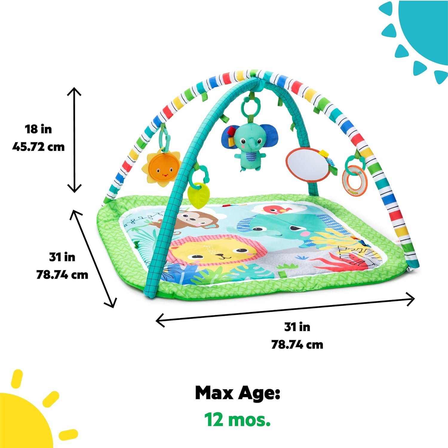 Bright Starts Wild Wiggles Baby Activity Gym & Play Mat with FoldingToy bar, Newborn and up - Green, 18.5” x 29.1” x 29.1” - Image 7