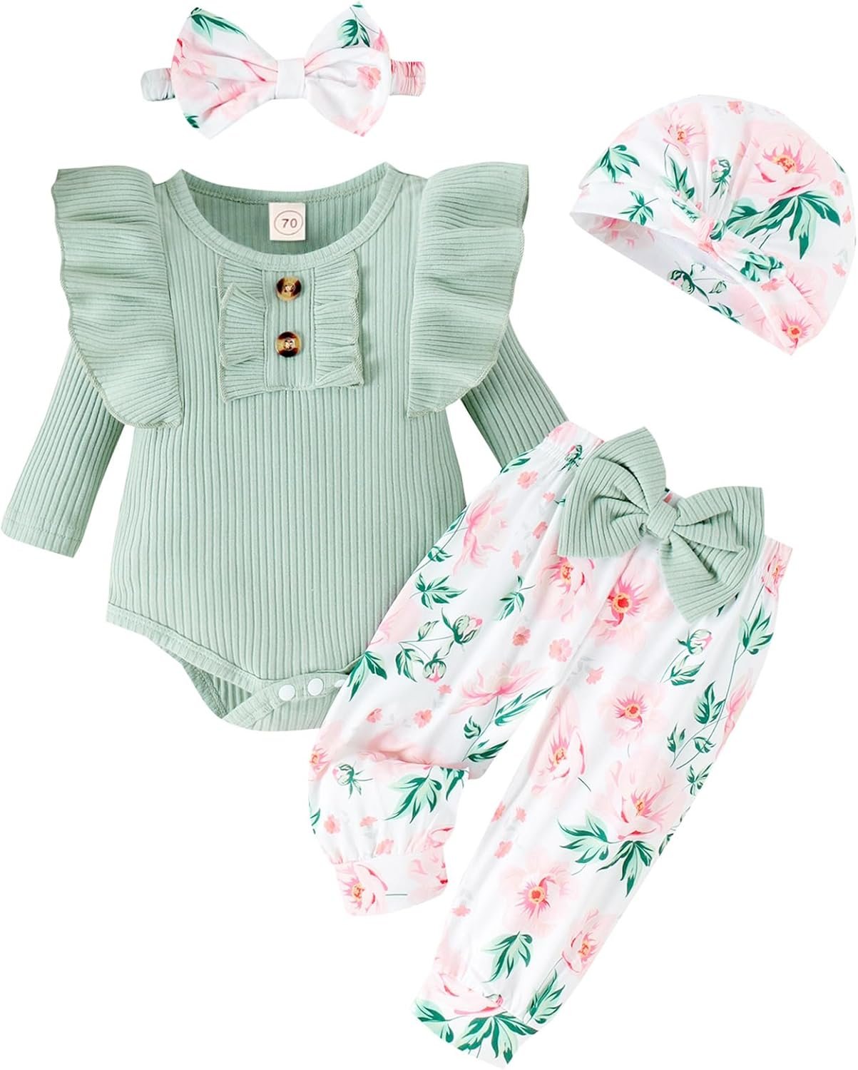 Baby Girl Clothes Infant Newborn Outfits Romper Pants Cute Bow Headband Hat Sets for Baby Girls (0-3-6-12-18 Months) - Image 2