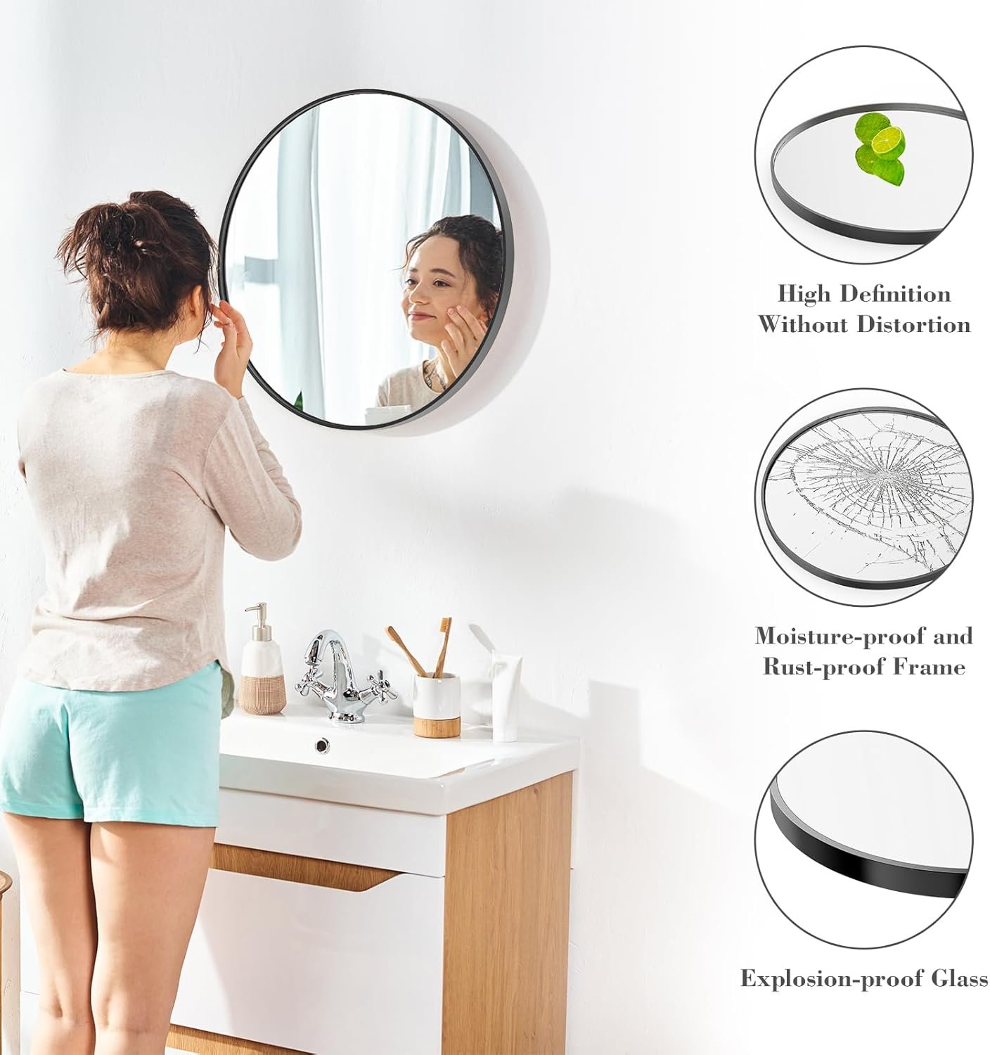 Sweetcrispy Black Round Wall Mirror 20 Inch, Bathroom Mirrors for Over Sink, Wall Decor for Bathroom, Entryway, Bedroom, Vanity - Image 3