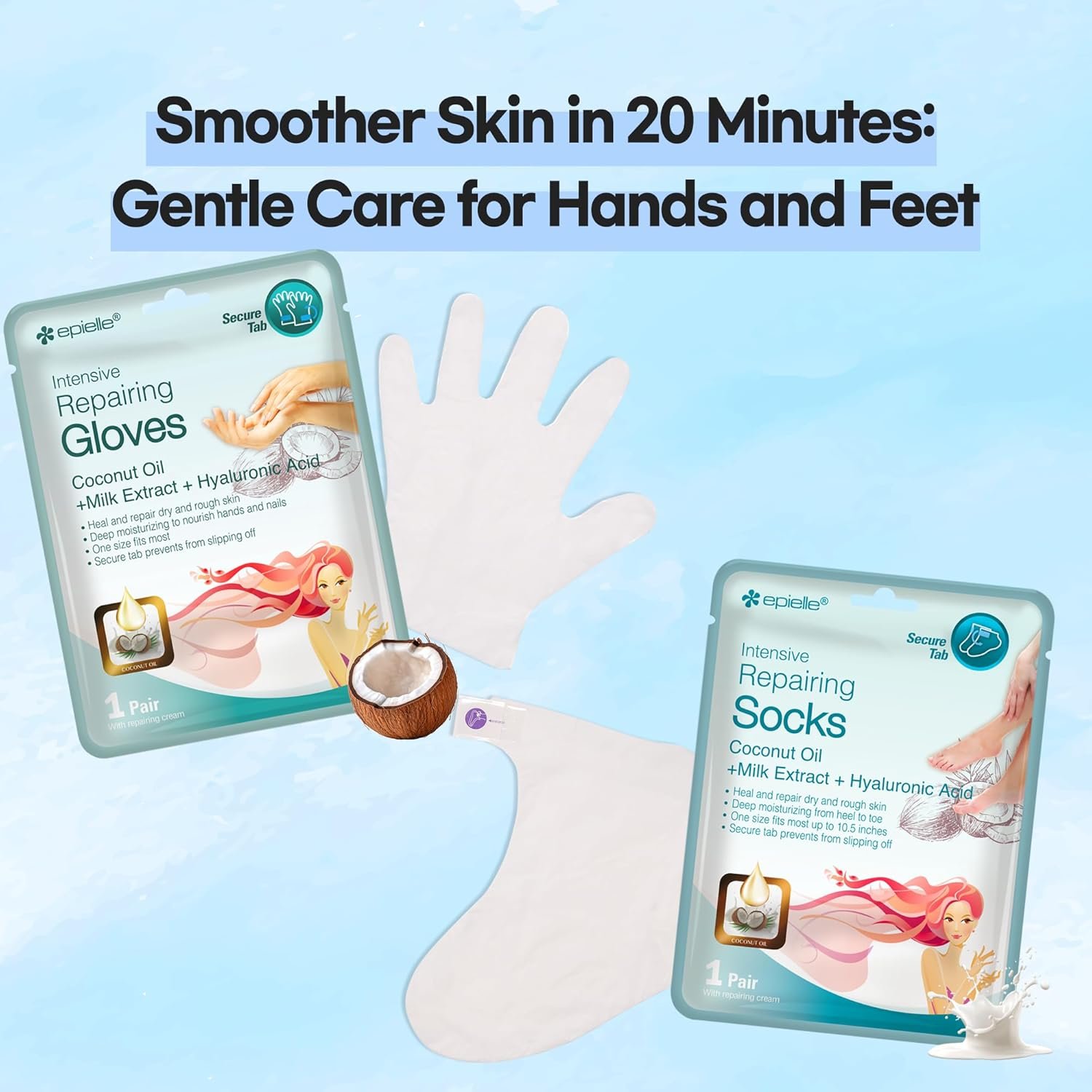 Epielle Intensive Repairing Hand & Foot Masks (6 Gloves & 6 Socks) for Dry Hands & Cracked Heels, Coconut Oil and Milk Extract, Mother's Day Gifts, Teacher's Appreciation - Image 7