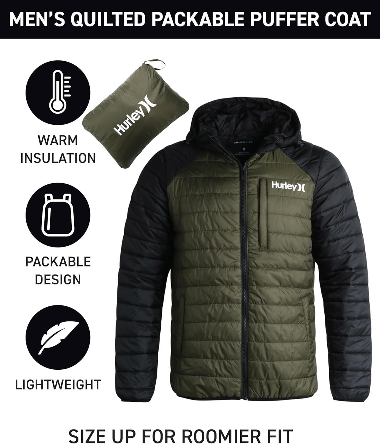 Hurley Men's Jacket - Balsam Lightweight Packable Puffer Coat - Weather Resistant Outerwear Windbreaker Coat for Men (M-XL) - Image 3