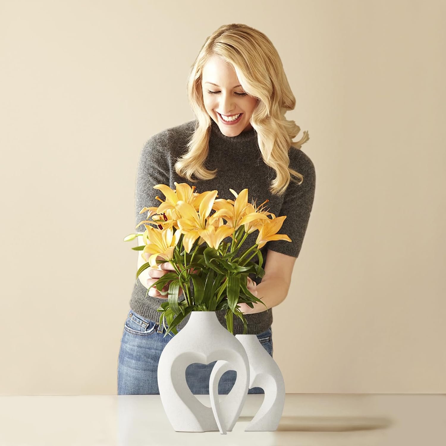 White Vases for Decor, Heart Shaped Ceramic Vase Set of 2, Nordic Heart Shaped Vases, Minimalist Decorative Vase for Table Centerpiece Wedding Dining Living Room Office House Decoration - Image 9