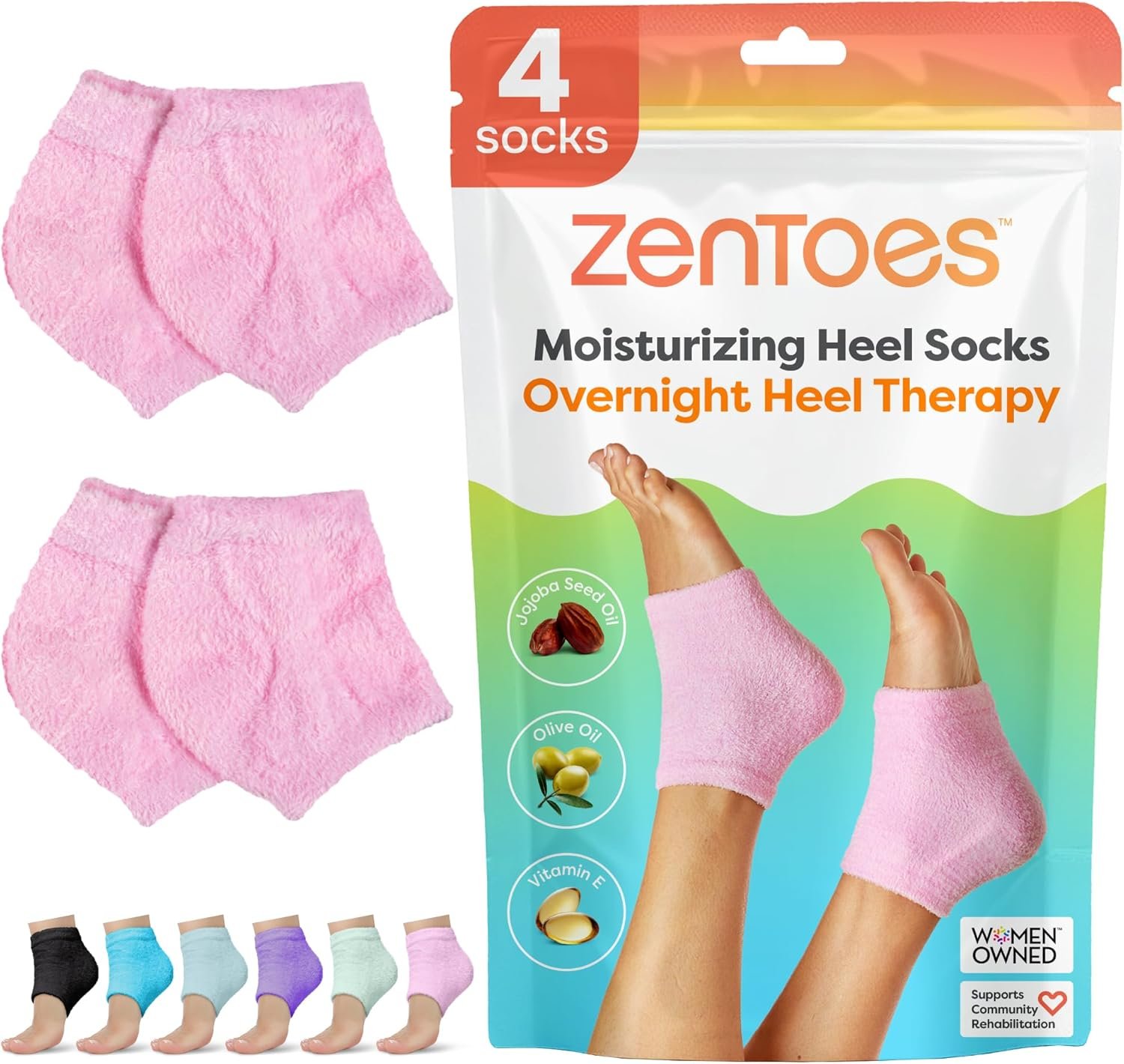ZenToes Moisturizing Socks for Cracked Heel Treatment - Vitamin E, Olive Oil and Jojoba Oil Infused Heel Socks to Soften and Hydrate (Fuzzy Pink, Regular) - Image 2