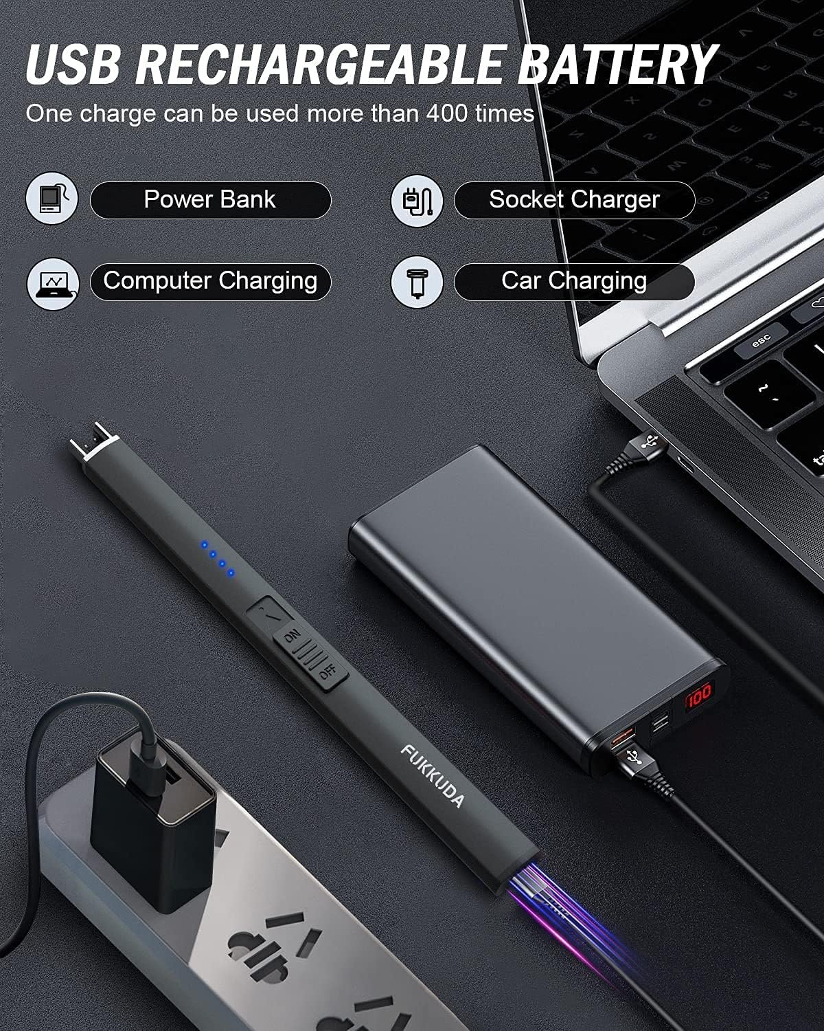 FUKKUDA Electric Candle Lighter with Safety Switch - USB Rechargeable Windproof & Flameless Plasma Arc Lighter for Easter Basket Stuffers (Obsidian Black) - Image 4