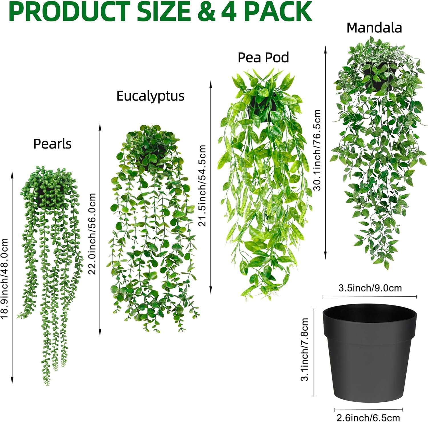 Artificial Hanging Plants for Shelf, 4 Pack Fake Potted Greenery Faux Eucalyptus Vine, Mandala Vine, String of Pearls,Pea pod Leaves in Pot for Office Living Room Bathroom Indoor Outdoor Décor - Image 3