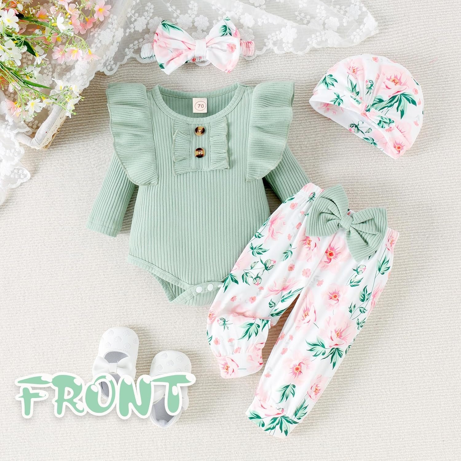 Baby Girl Clothes Infant Newborn Outfits Romper Pants Cute Bow Headband Hat Sets for Baby Girls (0-3-6-12-18 Months) - Image 3