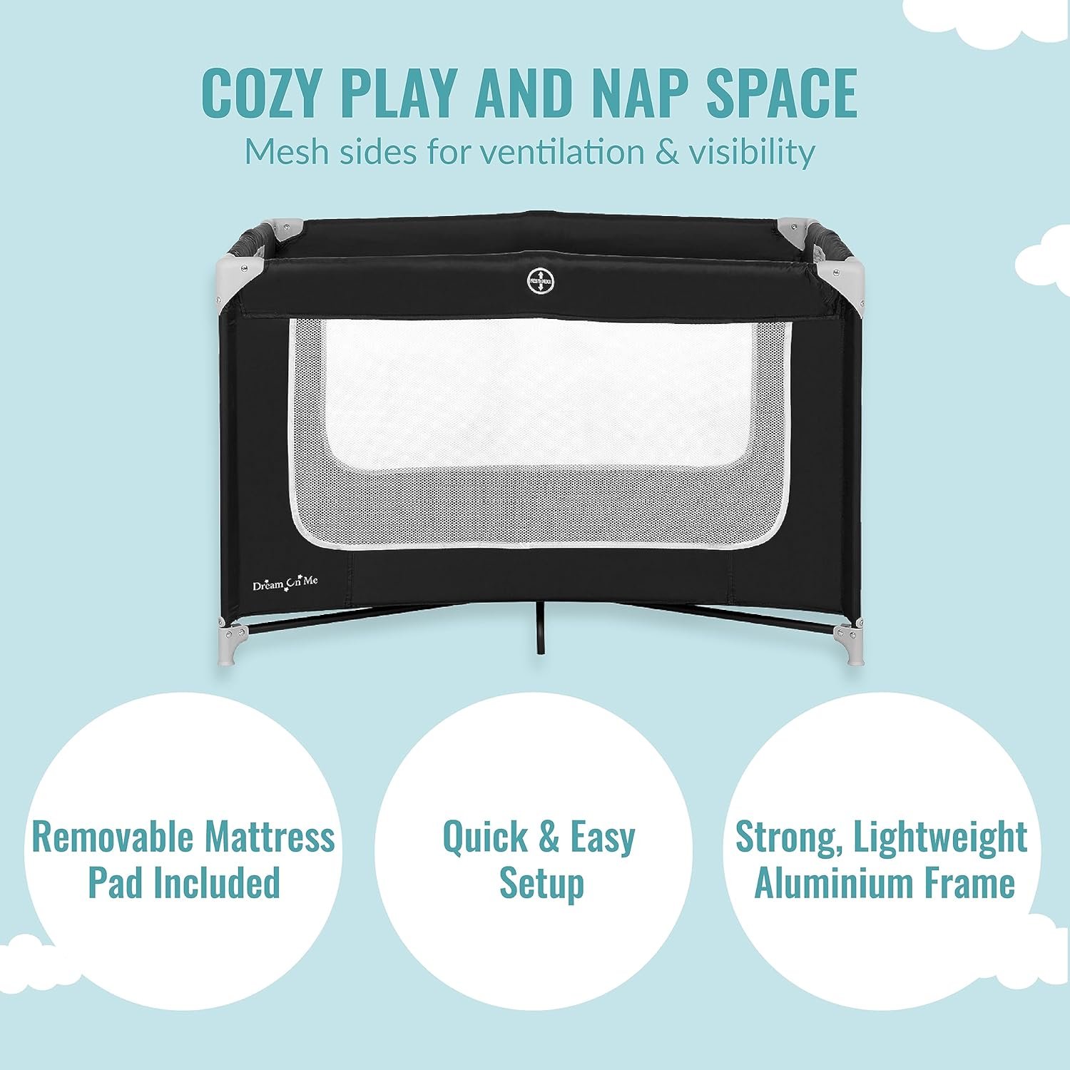 Dream On Me Zoom Portable Playard in Black, Lightweight, Packable and Easy Setup Baby Playard, Breathable Mesh Sides and Soft Fabric - Comes with a Removable Padded Mat - Image 8