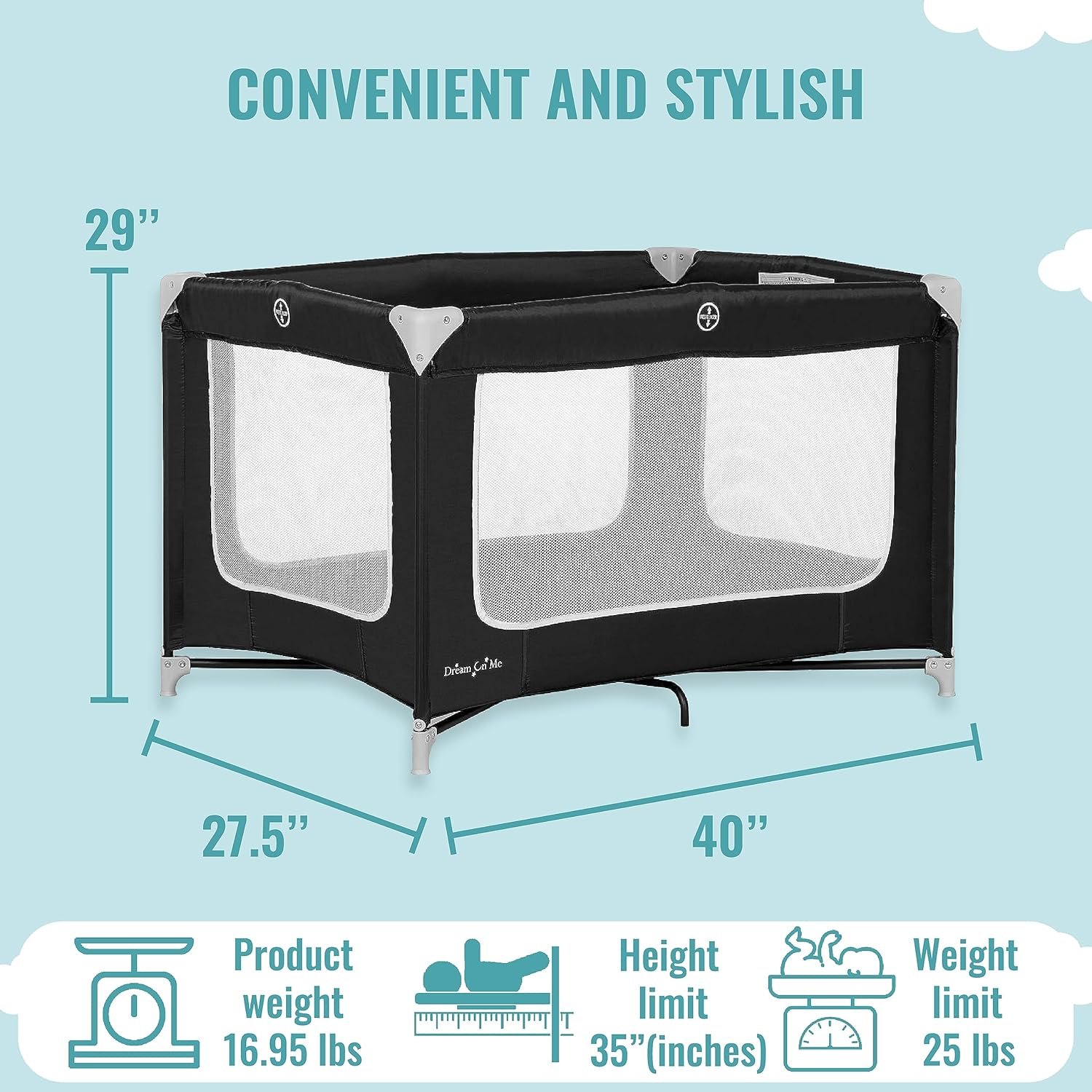 Dream On Me Zoom Portable Playard in Black, Lightweight, Packable and Easy Setup Baby Playard, Breathable Mesh Sides and Soft Fabric - Comes with a Removable Padded Mat - Image 4