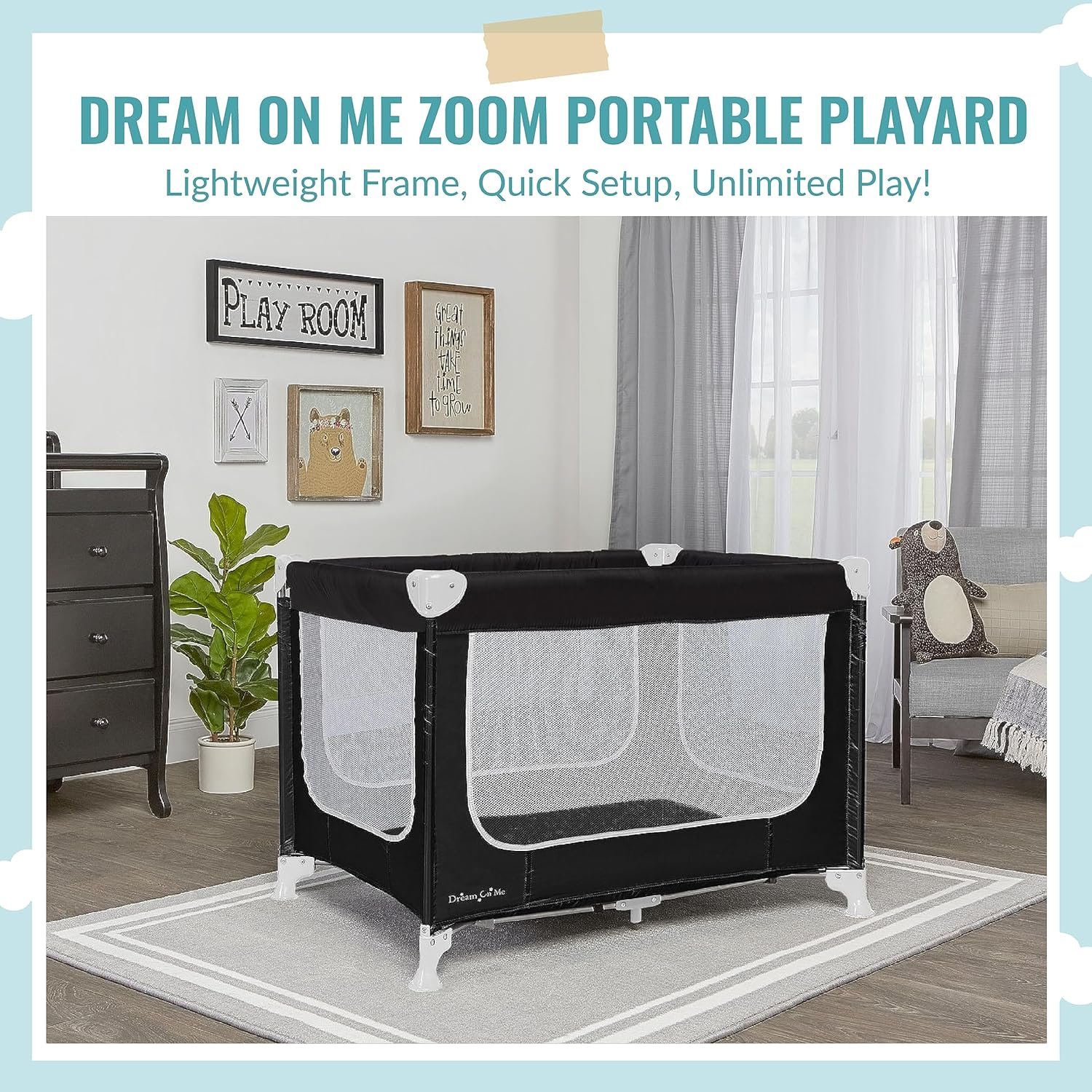 Dream On Me Zoom Portable Playard in Black, Lightweight, Packable and Easy Setup Baby Playard, Breathable Mesh Sides and Soft Fabric - Comes with a Removable Padded Mat - Image 3