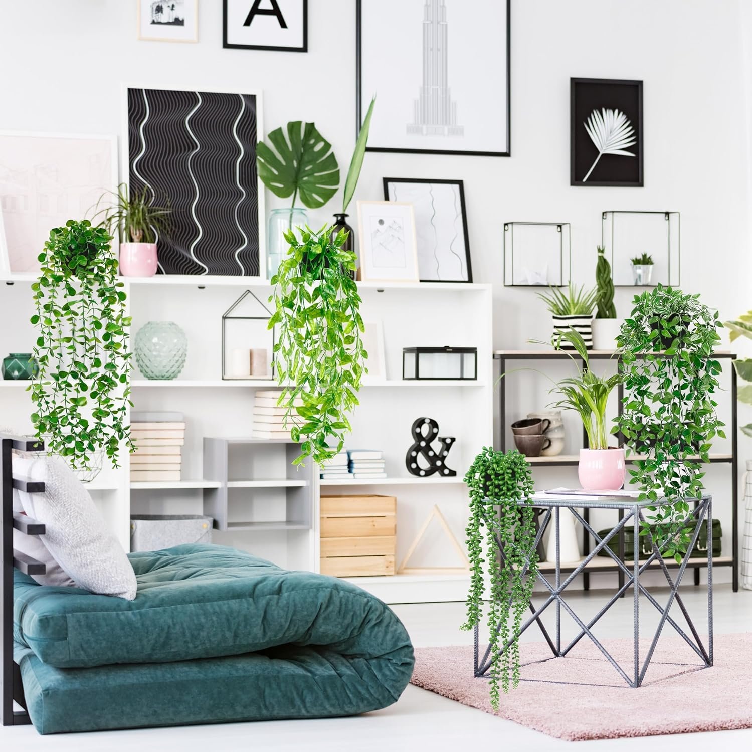 Artificial Hanging Plants for Shelf, 4 Pack Fake Potted Greenery Faux Eucalyptus Vine, Mandala Vine, String of Pearls,Pea pod Leaves in Pot for Office Living Room Bathroom Indoor Outdoor Décor - Image 6